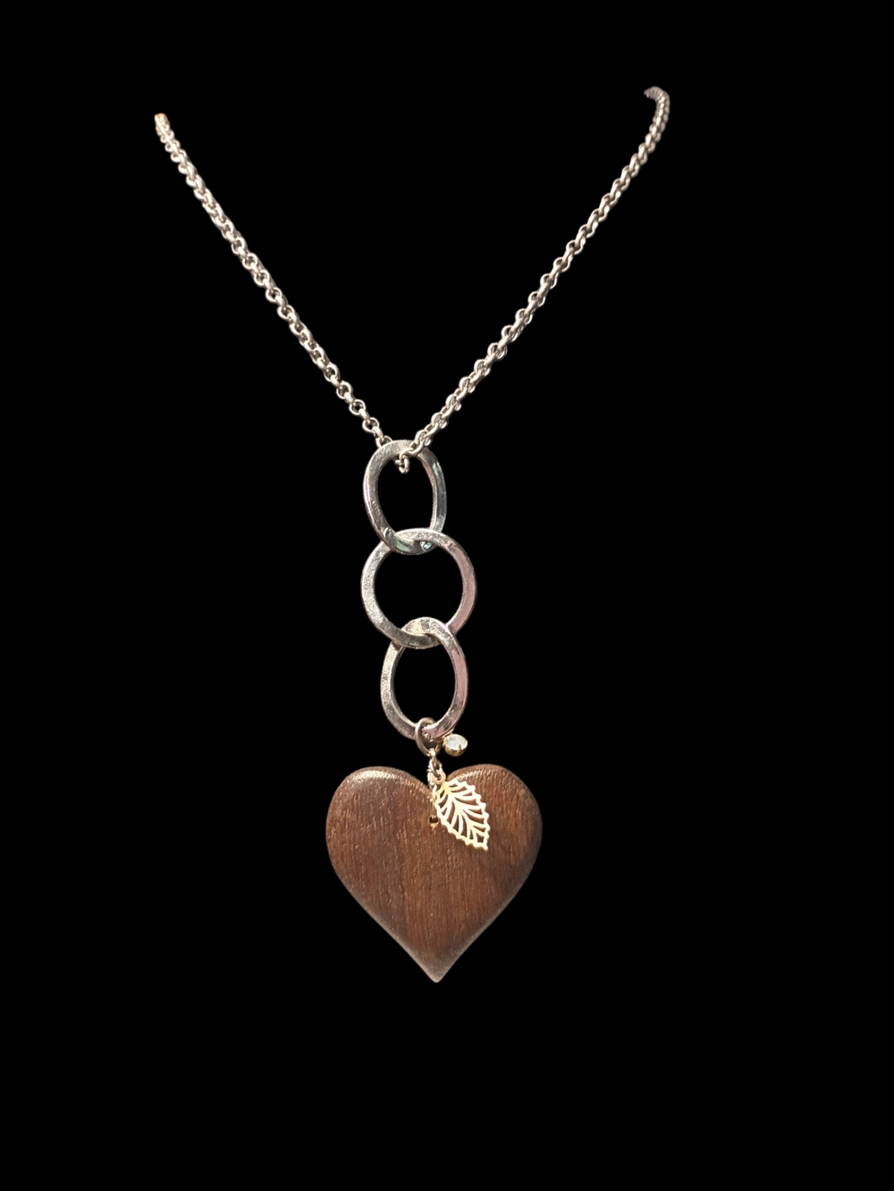 Rachel Brown Wooden Heart Pendant Necklace with Silver Rings and Leaf